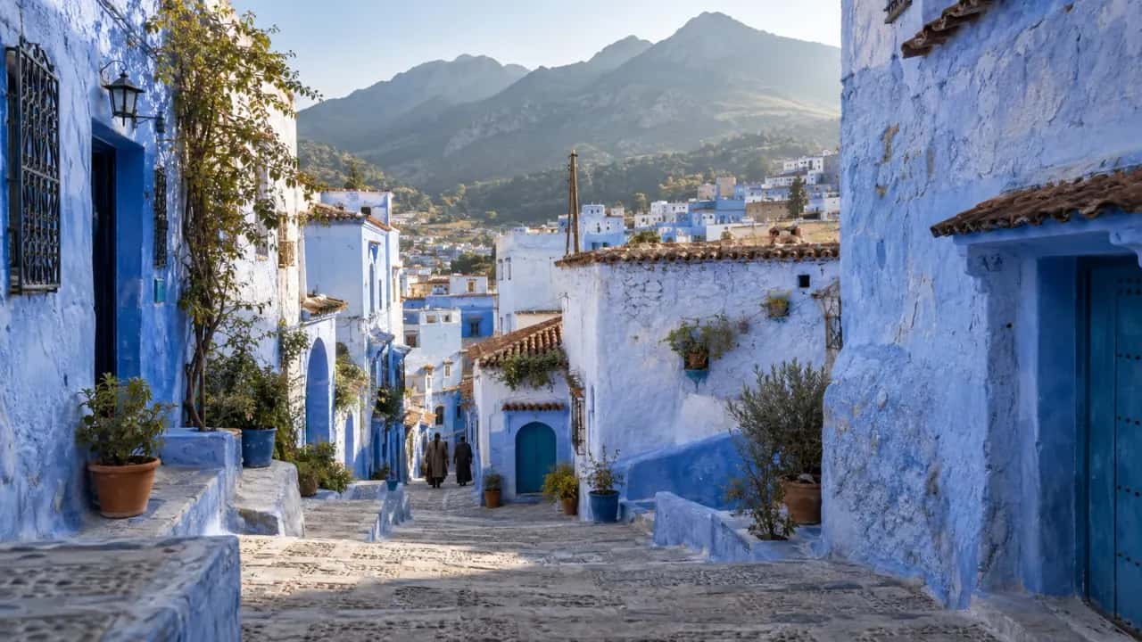 Blue-painted streets of Chefchaouen beneath the Rif Mountains
